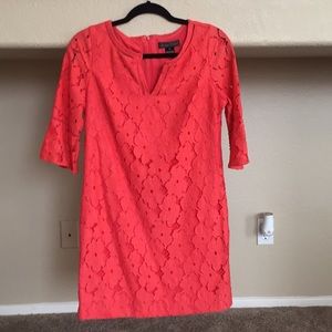 Dress, orange flowered lace with lining